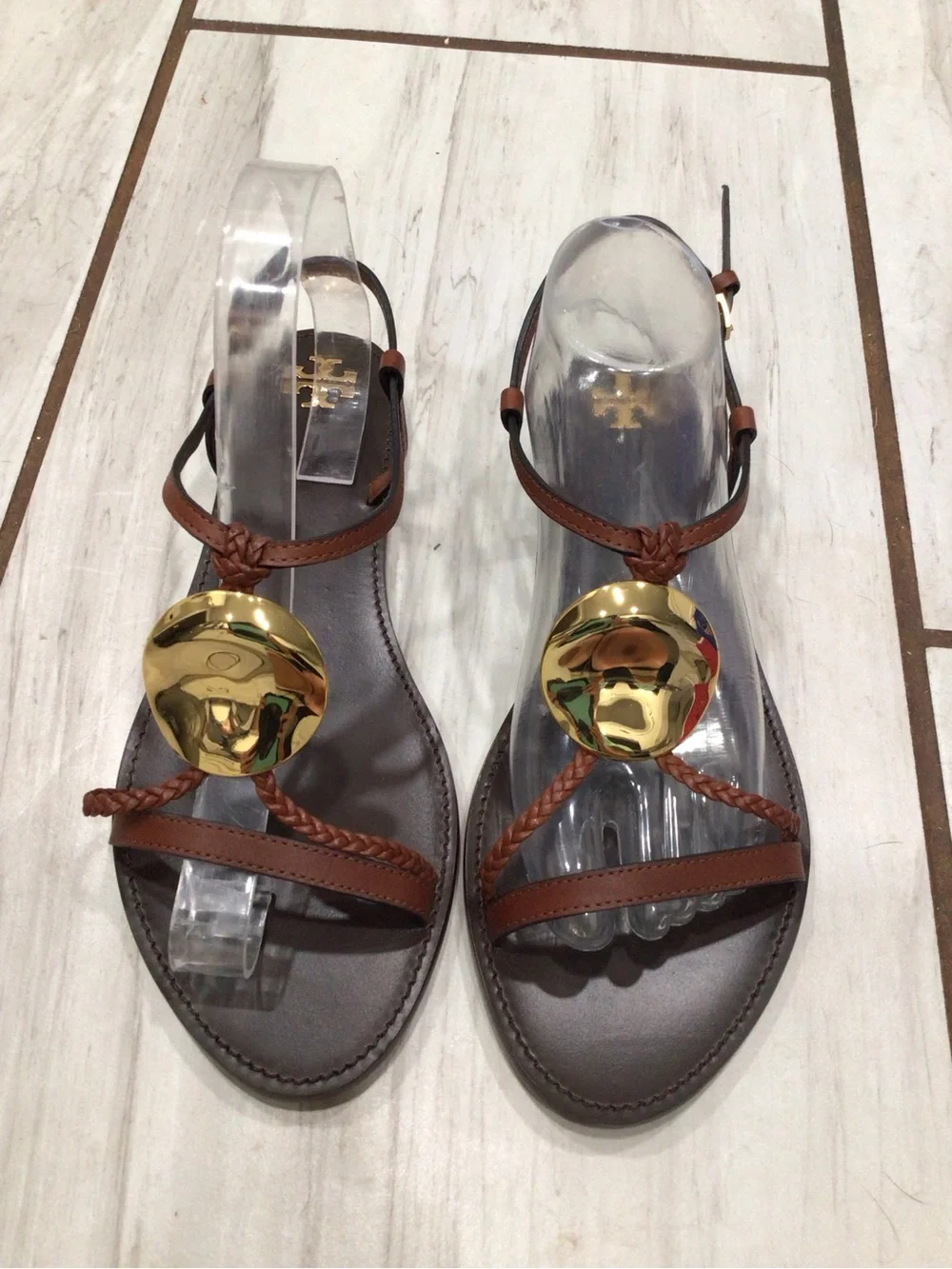 Tory Burch Patos Brown Gold Medallion Leather Flat Sandals Size 10M NIB 80287
